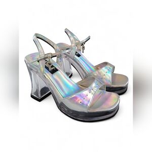Vintage Y2K L.E.I. Holographic Clear Platform Heels Bratz Party Prom Silver 6.5